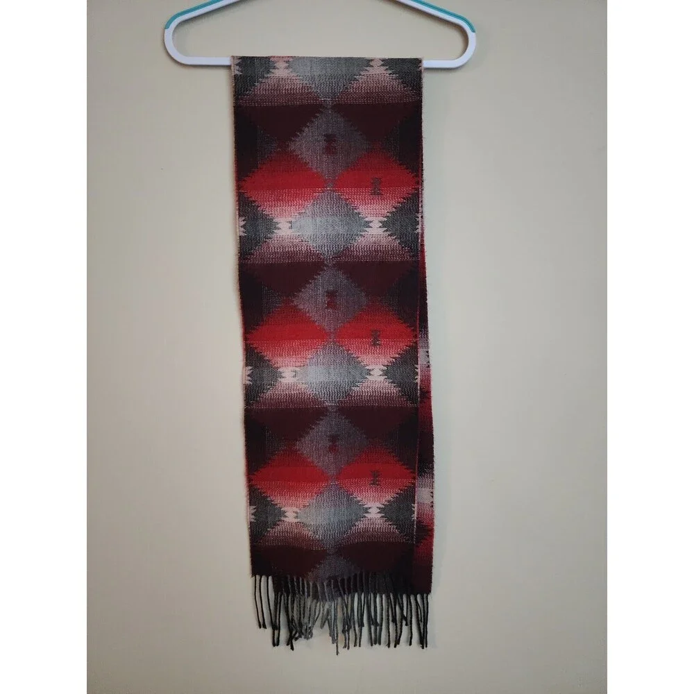 Cejon Scarf Made in Italy Tribal Geometric Pattern Grey Red Fringe 10.5